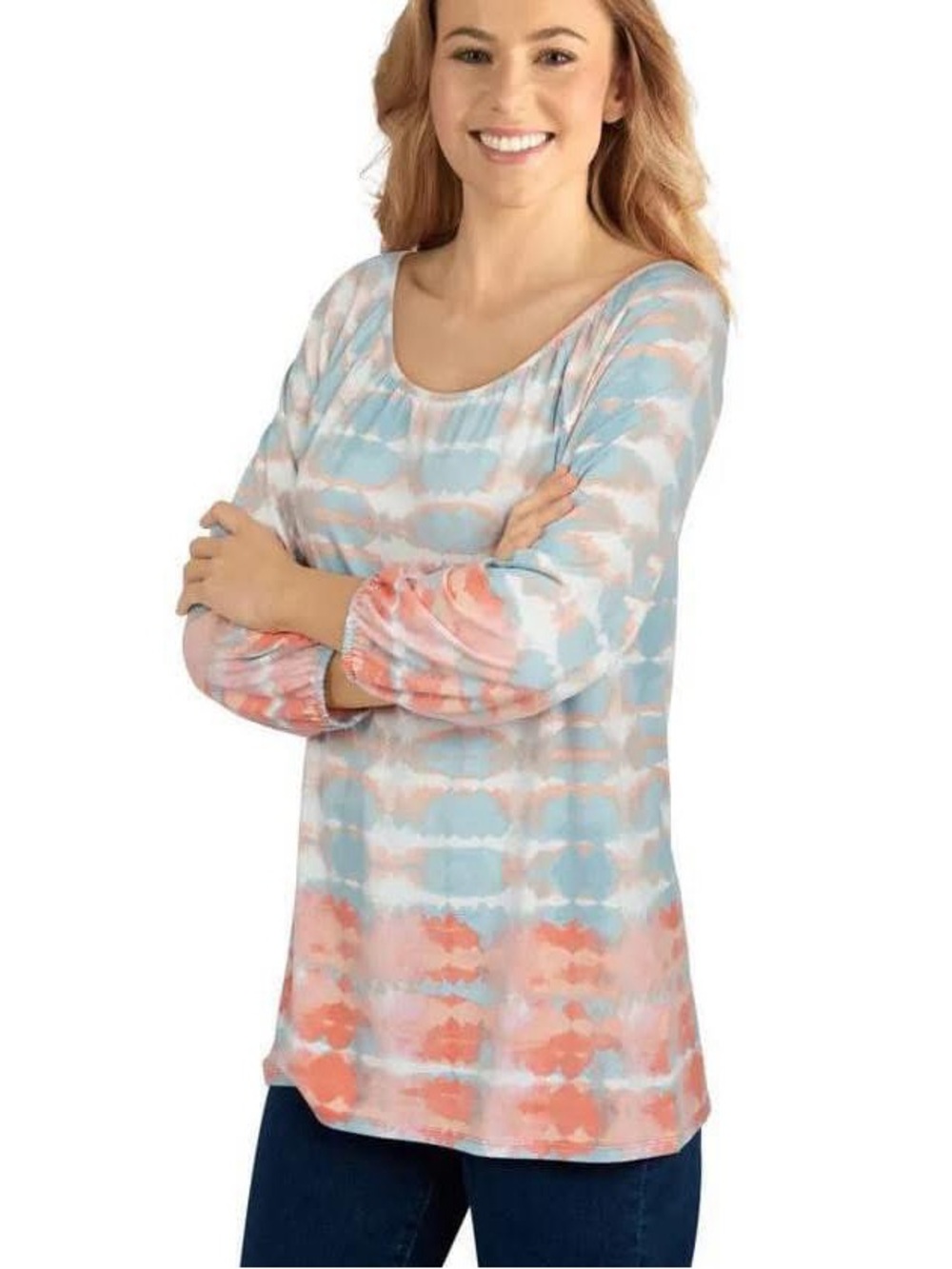 Women's Tie-Dye Scoop Neck Tunic Top - Coral & Light Blue